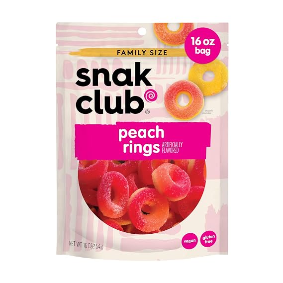 Snak Club Peach Rings Gummy Candy, Soft & Chewy Fruit Gummies, 16 oz Bag