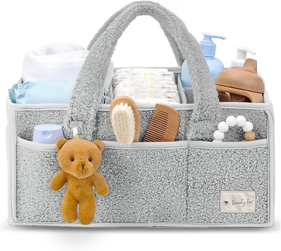 Sweety Fox Baby Diaper Caddy Organizer with Handle - Portable Sherpa Nursery Basket - Car Diaper Organizer, Cleaning Caddy, Gift for Baby Shower - Grey