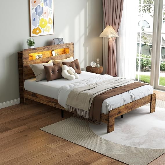Kiivakii Full Bed Frame with Storage Square Headboard, Full Platform Bed Frame with LED Light and Charging Station, Durable Frame, No Noise, No Box Spring Needed, Dark Brown