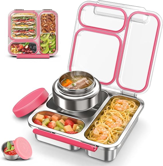 Stainless Steel Bento Box Kids Adult with 7oz Soup Thermo, Transparent Lid 3 Compartments Metal Bento Lunch Box with Insulated Food Jar,Lunch Box Container Sauce Cup for School,BPA-Free(Pink)