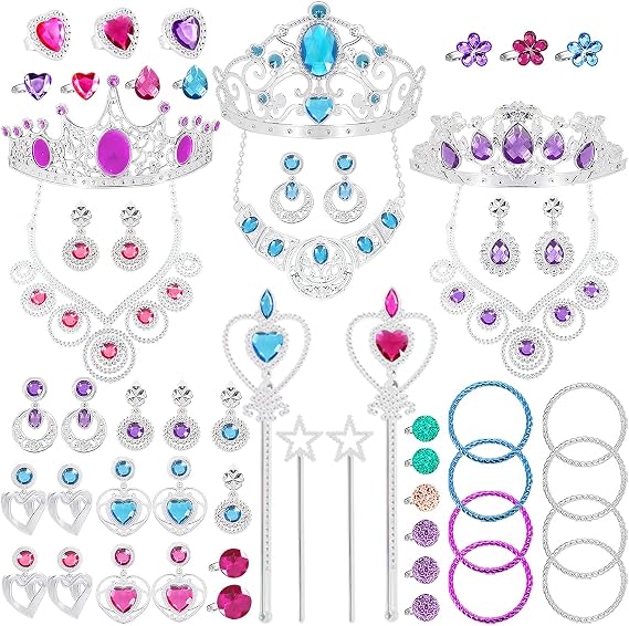 NINAOR 56 Pack Princess Jewelry for Girls Princess Dress Up Accessories Kids Play Jewelry for Girls Included Crown Wand Necklace Bracelet Rings Earrings Great as Princess Party Decoration