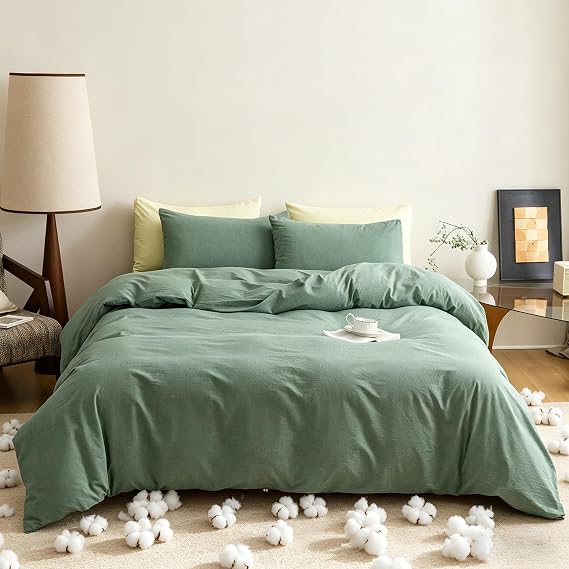 KAREVER Green Comforter Queen Washed Cotton 3 PCs 100% Cotton Bedding Set Light Green Queen Size Comforter Set