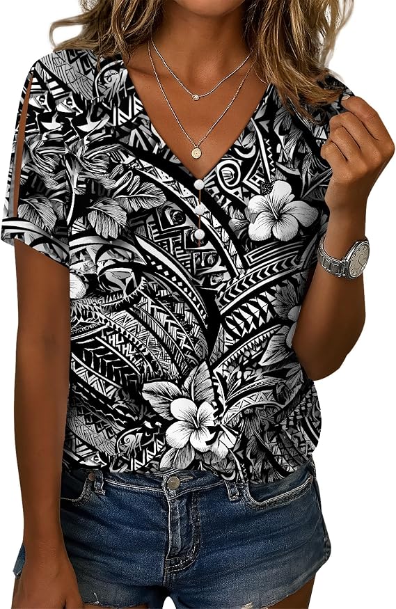 DMOYALA Boho Tops for Women Linen Shirts Casual V Neck Short Sleeve Floral Printed Dressy Summer Tees