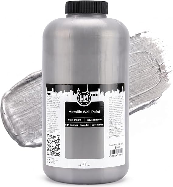 Metallic Wall Paint 67.62 fl oz - Silver - Stunning Metallic Shine for Stylish Interiors, Easy to Apply, Water-Based, Perfect for Creative Wall Designs & DIY Projects