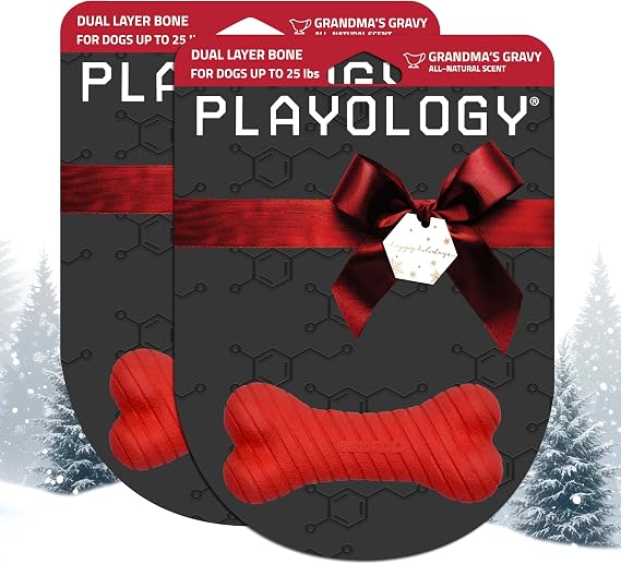 Playology Dual Layer Bone Dog Chew Toy -Small, Grandma's Gravy Scent, 2-Pk
