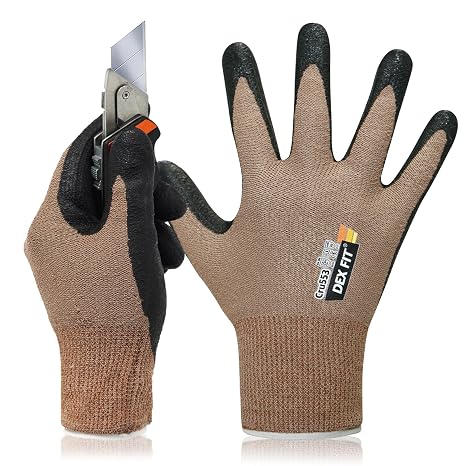 DEX FIT Level 5 Cut Resistant Gloves Cru553 Prime, 3D-Comfort Fit, Firm Grip, Thin & Lightweight, Touch-Screen Compatible, Durable, Breathable & Cool, Machine Washable; Brown M (8) 1 Pair