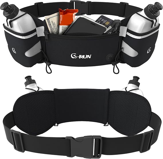 Q-RUN Hydration Running Belt with Bottles - Water Belts for Woman and Men - iPhone Belt for Any Phone Size - Fuel Marathon Waist Pouch for Runners - Jogging Cycling Biking, Black