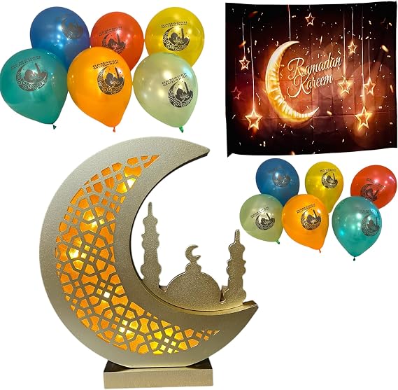 Eid Gift Crescent Moon Lamp Decor with Backdrop/Tapestry & 12 Balloons - Cordless Design for Moon-Themed Parties, Home Decor, 10.25x8 Gold Moon Masjid + RW67sBWN+10 BLN