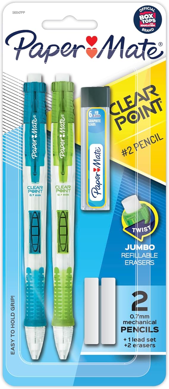 Paper Mate Clearpoint Mechanical Pencils, 0.7mm HB #2 Pencil Lead, Includes 2 Pencils, 1 Lead Refill, 2 Erasers - Back to School, Study Supplies, College, Note-Taking