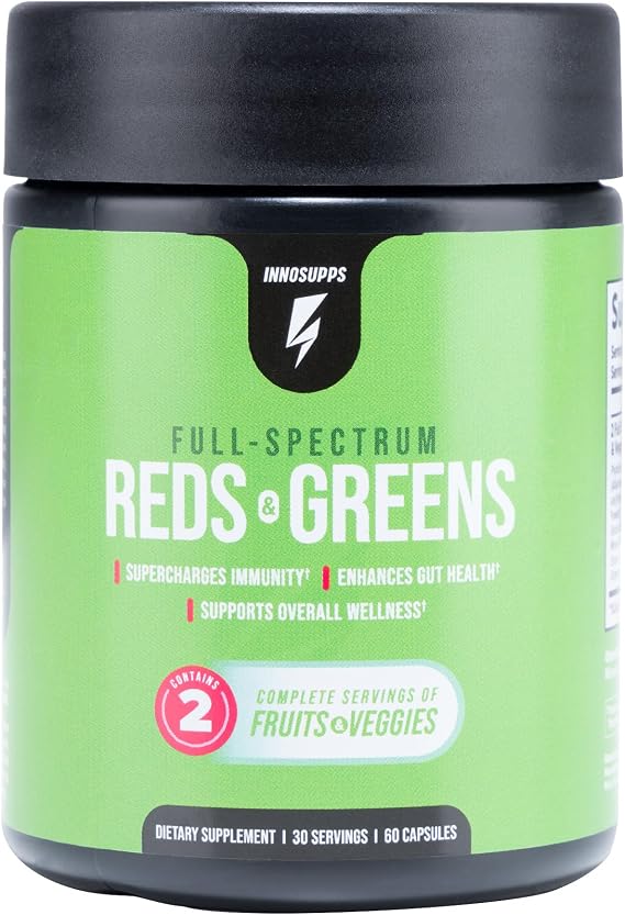 InnoSupps Full Spectrum Reds & Greens Superfood Capsules Fruit & Vegetable Blend with Spirulina & Chlorella, Antioxidant Immune & Gut Health Support Supplement
