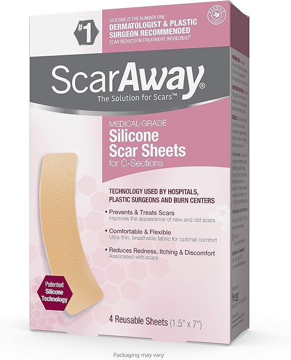 GoodSense ScarAway Advanced Skincare Silicone Scar Sheets for C-Sections, Reusable Sheets (1.5 x 7) for Hypertrophic and Keloid Scars from Injury, Burn, Surgery and more, 4 Sheets