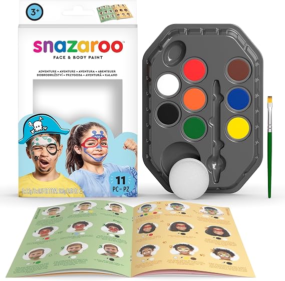 Snazaroo Face Paint Set, Adventure, 8 Colors with Accessories - Complete Face Painting Kit, Safe Water-Based Formula for Halloween, Birthday Parties, Theater