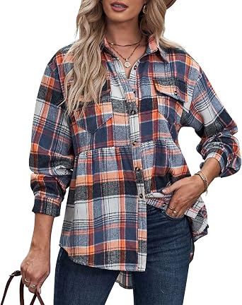 Womens Plaid Peplum Shirts Long Sleeve Button Down Jacket Casual Loose Babydoll Blouses Tops Oversized Flannel Shirts