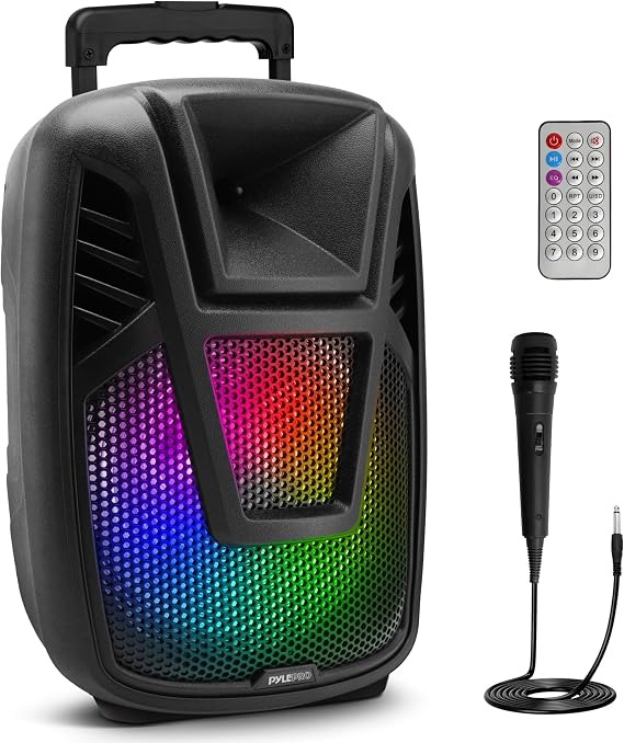 Pyle Portable Speaker - 15 80 Watts Max Power Output Loudspeaker PA System w/ LED Light, Handles, Wheels, Remote Control, Built-in Digital Amp and Rechargeable Battery