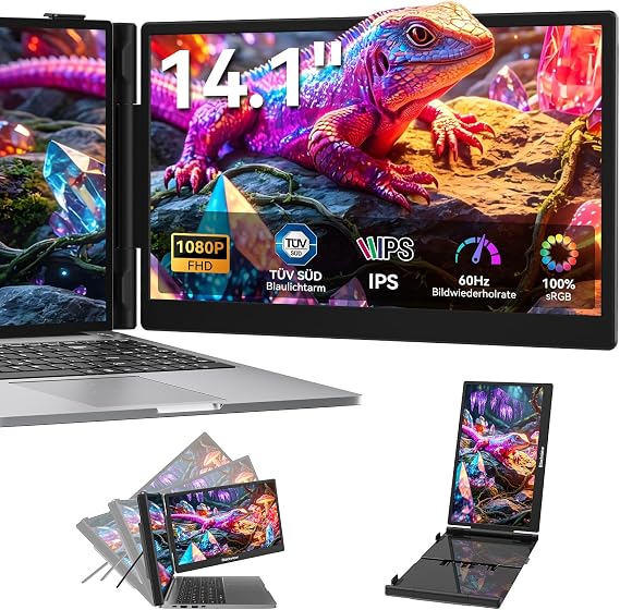 Blackview Laptop Monitor Erweiterung 14 Ultradünn FHD 1080P IPS Portable Monitor Eingebauter Stand/Lautsprecher Dual Screen für 13“-17“ Laptops Plug & Play Geeignet für Mac Wins Android