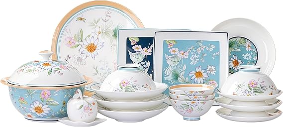 Fine Bone China Dinnerware Set,Porcelain&Ceramic Dinnerware Sets,Bone Stoneware&Ceramic Cookware Tableware Set Includes Dinner Plates|Spoons|Pasta Bowls|Soup Pot|Chopsticks (18PCS * 4-Person Set)
