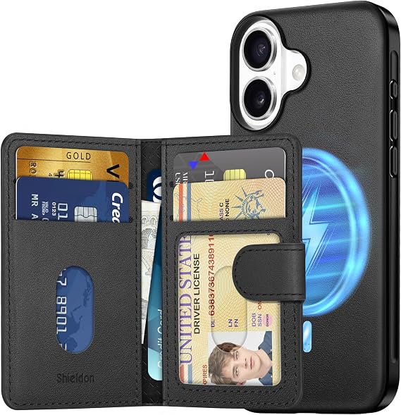 SHIELDON Detachable Wallet Case Genuine Leather for iPhone 16, Black