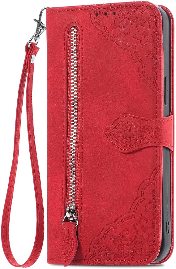 Embossed Folio Flip Compatible with VIVO T3 Ultra Case Wallet PU Leather Case Cellphone Shell Kickstand with ID Credit 7 Card Slots Cases Covers Lanyard Strap Zip Coin Purse Cover,Red