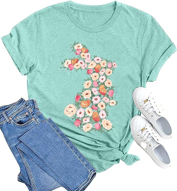 MAIHUN Happy Easter Shirts for Women Funny Rabbit Bunny Shirt Easter Short Sleeve Holiday Tee Tops