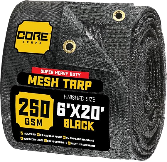 Core Tarps 60% Black Shade Cloth with Grommets - 6 X 20 FT Heavy Duty Mesh Tarp - Sun Shade Cloth for Garden Vegetables Plants Greenhouse Outdoors Backyard Fences Dump Trucks Patio Mesh Shade Tarp