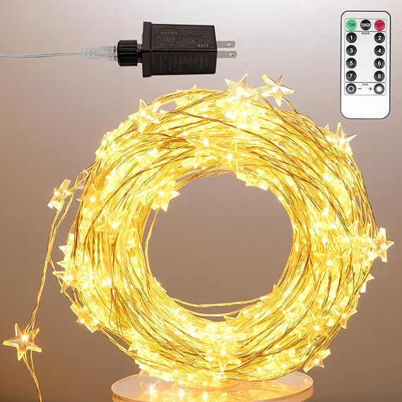 80FT 240 LEDs Star String Lights Plug in,Silver Wire,Warm White | Waterproof 8 Modes Remote Star Fairy Lights Starry Light for Outdoor Indoor Christmas Wedding Garden Ramadan Decoration