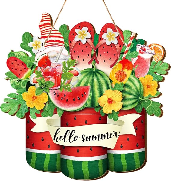 Geetery Watermelon Wooden Wreath Hello Summer Door Sign