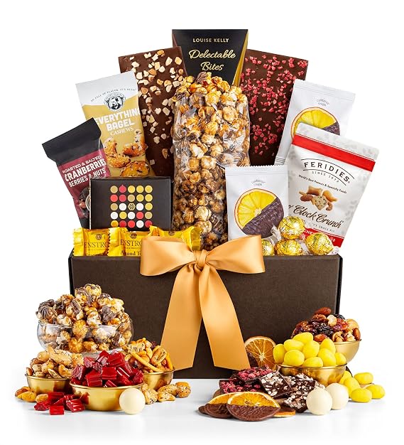 Encore Gourmet Gift Basket: Elevate the Moment with White Chocolate Lindor Truffles, Everything Bagel Cashews, Cranberry Crunch Mix, Bear Snack Mix, and Chocolate Drizzled Caramel Popcorn.