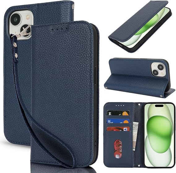 for iPhone 15 Plus 5G Phone Case Wallet with Wrist Strap,Wallet Case for iPhone 14 Plus with Card Holder for Men Women,Kickstand Cash Pocket PU Leather Magnetic Purse Cover,6.7" Lichi Dark Blue