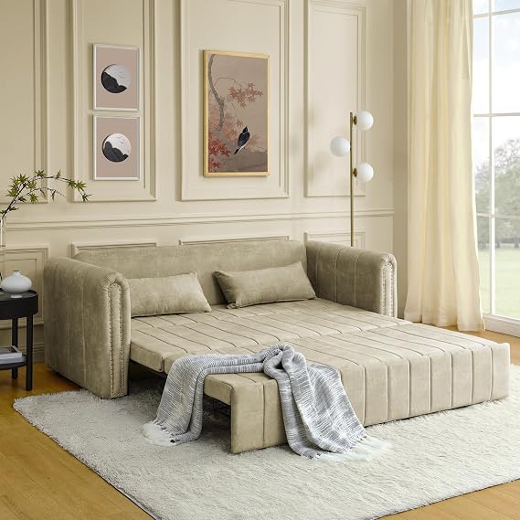 3 in 1 Pull Out Bed Sleeper, Modern Upholstered 3 Seats Lounge Sofa Couches with Rolled Arms Decorated with Copper Nails, Convertible Futon 3 Seats Sofabed with Two Drawers and Two Pillows ST748