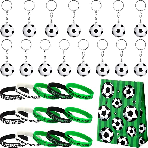 JOVITEC 46 Pieces Soccer Party Favors Set Include 15 Pcs Soccer Keychains Bulk 16 Pcs Motivational Silicone Wristband 15 Pieces Sports Goodie Bags for Fan Appreciation Sports Party Gifts