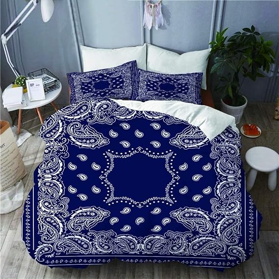 Boho Bandana in Blue Bedding Sets 3 Piece Duvet Cover Breathable Quilt Cover with 2 Pillowslips for Guest Room School Dormitory Bedding Sets Lining (Queen 90'' X 90'')