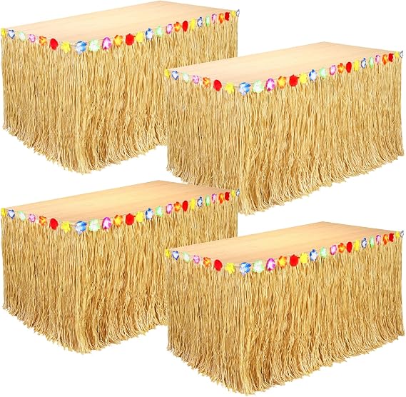 4 Pack Table Skirt Luau Party Decorations, Flower 53.2" X 29.5" Grass Table Skirts for Luau Party Summer Tropical Hawaiian Party Decorations (B-4 Pack)