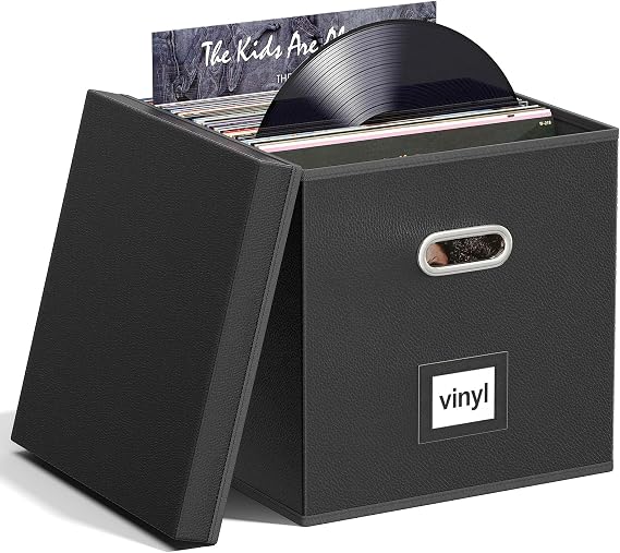 Leather Vinyl Record Storage Box for 12 inch Records, CD Storage Case, Folding LP Storage Boxes Holds up to 80+ Single Records, Records Organizer for