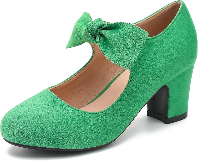 Women's Bow Mary Jane Heels Round Toe Block Heel Pumps