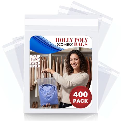 400 Industrial Strong Clear Poly Bag Combo Set - 100 Bags Per Size - 6x9, 8x10, 9x12, 11x14 - Super Strong Seal with Suffocation Warning