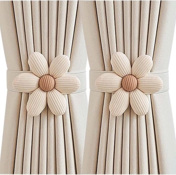Nursery Decor Curtain Tiebacks-2 Pack | Single Flower Curtain Holdbacks | Curtain Tiebacks Boho | Japanese Curtain Ties | Cute Flower Curtain Ties Decorative for Bedroom Window Treatment (Cream)