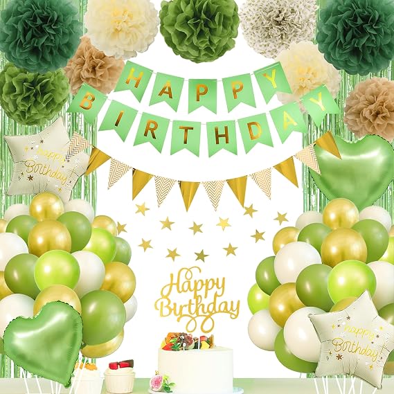 Sage Green Birthday Decorations, Happy Birthday Banner, Heart Star Foil Balloons, Paper Pompoms with Fringe Curtain Background, Green Gold Balloons, Green Party Decorations for Women Girls Baby