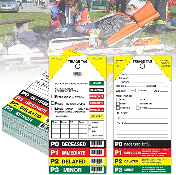 Triage Tag Card for First Aid & Emergency Response - Perforated Injury Level Sections, Random Start Sequential Numbering with Bar Code, 8" x 4" (10)