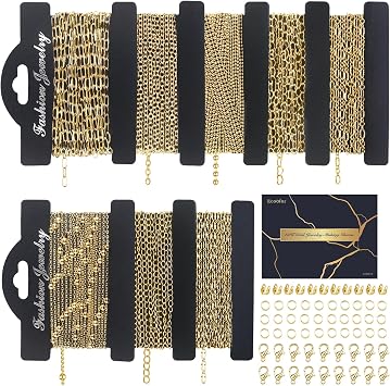 14k Gold Necklace Chains for Jewelry Making, Total 27 Feet 8 Rolls Bracelet Chains for DIY, 3.3 Feet Each Style, 14K Gold Plated Chain with Jump Rings/Lobster Clasps/Connectors