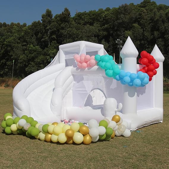 16FT Commercial White Bounce House for Kids & Adults with Slide & Ball Pit | 100% PVC inflatable bounce house with slide, ball pit and blower, ideal for weddings, parties, backyard events and family fun