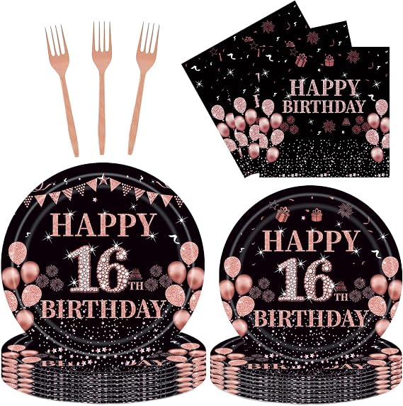 96PCS 16th Birthday Party Plates Set Rose Gold Theme Decorations Include Rose Gold Plates and Napkins Forks for 16 Year Old Girls Birthday Party Supplies Serves 24 Guests