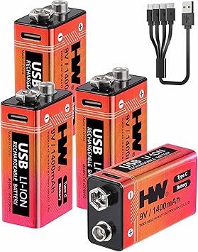 HW 9 Volt Batteries 4 Pack, 1400mAh Rechargeable Lithium Battery 9V with USB C Fast Charging Cable, 1000 Cycles Square Baterias for Smoke Detectors, Fire Alarms, Remote Controls, Clocks and More