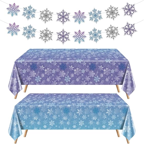 Winter Snowflake Party Decorations, 2 Pack Blue Purple Snow Plastic Tablecloths, 2 Pack Glitter Snowflake Banners for Girls Princess Birthday Party Christmas Holiday