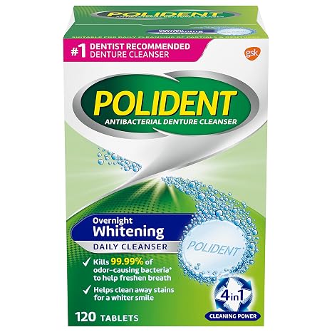Polident Overnight Whitening Antibacterial Denture Cleanser Effervescent Tablets, 120 count