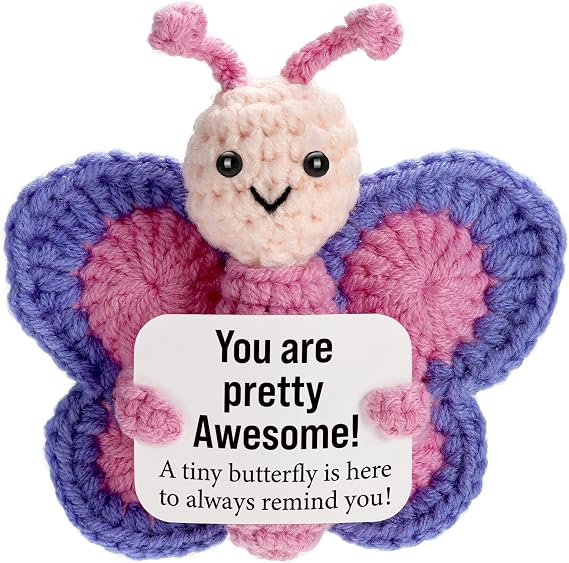 Positive Crochet Butterfly Gift for Women, Mini Handmade Emotional Support Plush for Friends, Coworkers, Boss, Girls, Teachers on Birthday Christmas Valentines, Mother's Day, Easter