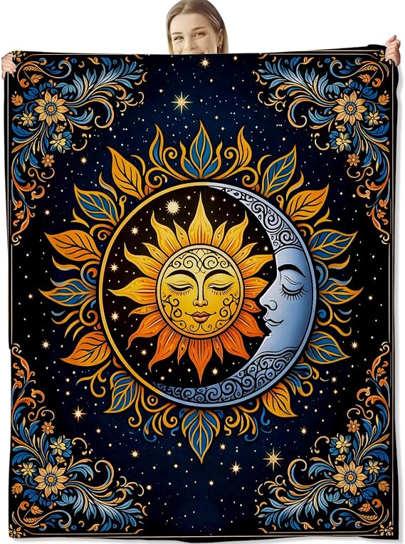 Sun and Moon Blanket for Boho Lovers, Bohemian Mandala Mystic Floral Flannel Blankets, Hippie Mystical Gifts, Soft Warm Cozy Throws for Sofa Couch Bed Living Room Bedroom Home Decor 60" x 50"