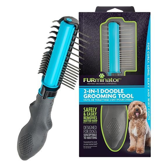 FURminator 2-in-1 Doodle Grooming Tool for Dogs, 1 Count, Dematting Tool with Comb for Mats, Tangles & Maintenance on Curly, Long, Silky & Wiry Coats