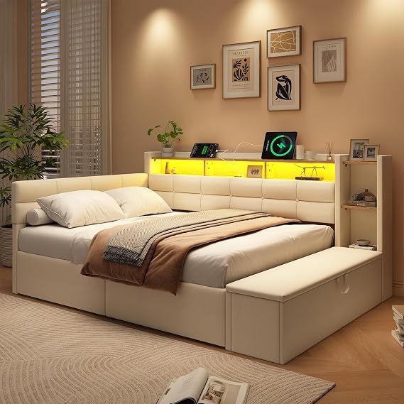 4ft6 Double Upholstered Daybed with LED, Sofa Bed with 2 Headboards