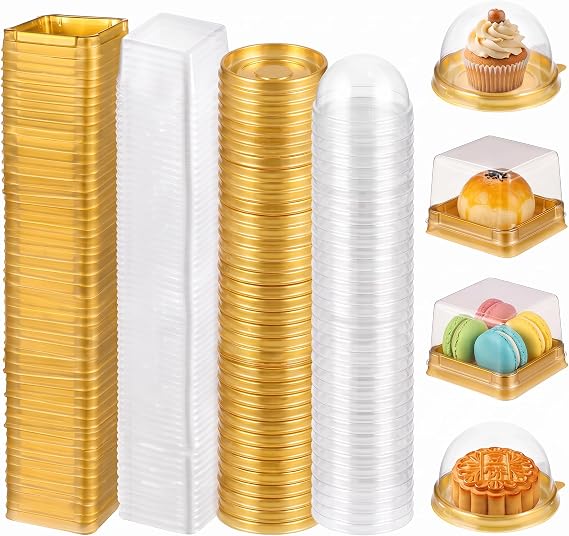 DOITOOL Clear Plastic Mini Cake Box 100 Pack Square Mini Cupcake Containers Mooncake Boxes Muffin Pod Dome Muffin Single Container for Wedding Birthday Supplies (Golden)