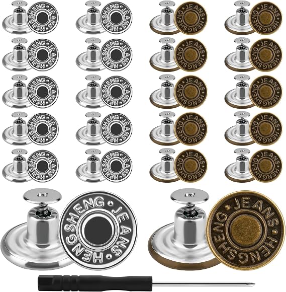 rietegio 40Pcs Jean Buttons 17mm No Sew Metal Button Jeans Buttons Replacement Adjustable Jean Button Pins with Screwdriver Waist Tightener Clips for Jackets Clothes Denim Skirt Clothing Repairing
